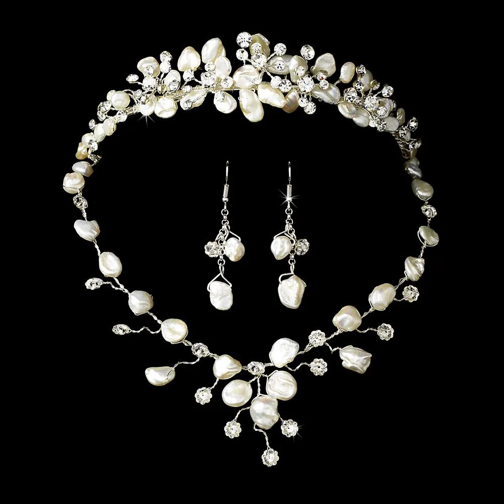 Freshwater pearl and floral crystal tiara & jewelry set