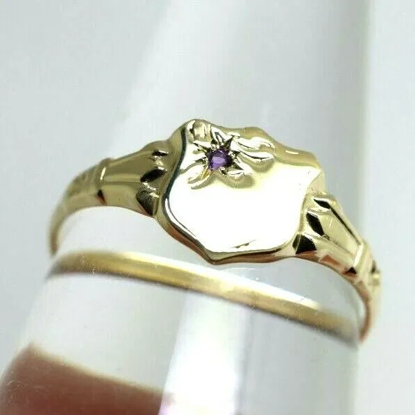 Genuine 9ct Small Yellow Gold Amethyst Shield Signet Ring - Choose your size