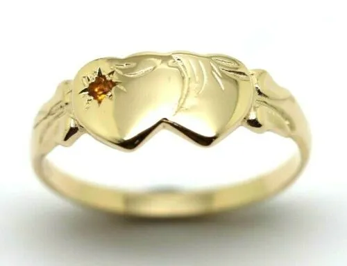 Genuine 9ct Yellow Gold Double Heart Yellow Topaz November Birthstone Signet Ring In your size