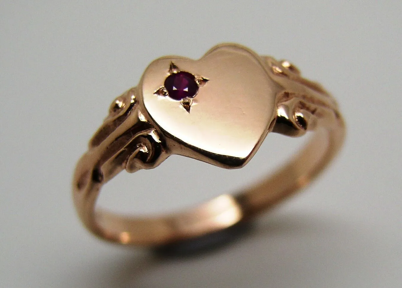 Genuine Solid 9ct Rose Gold Ruby Stone Heart Signet Ring -July Birthstone