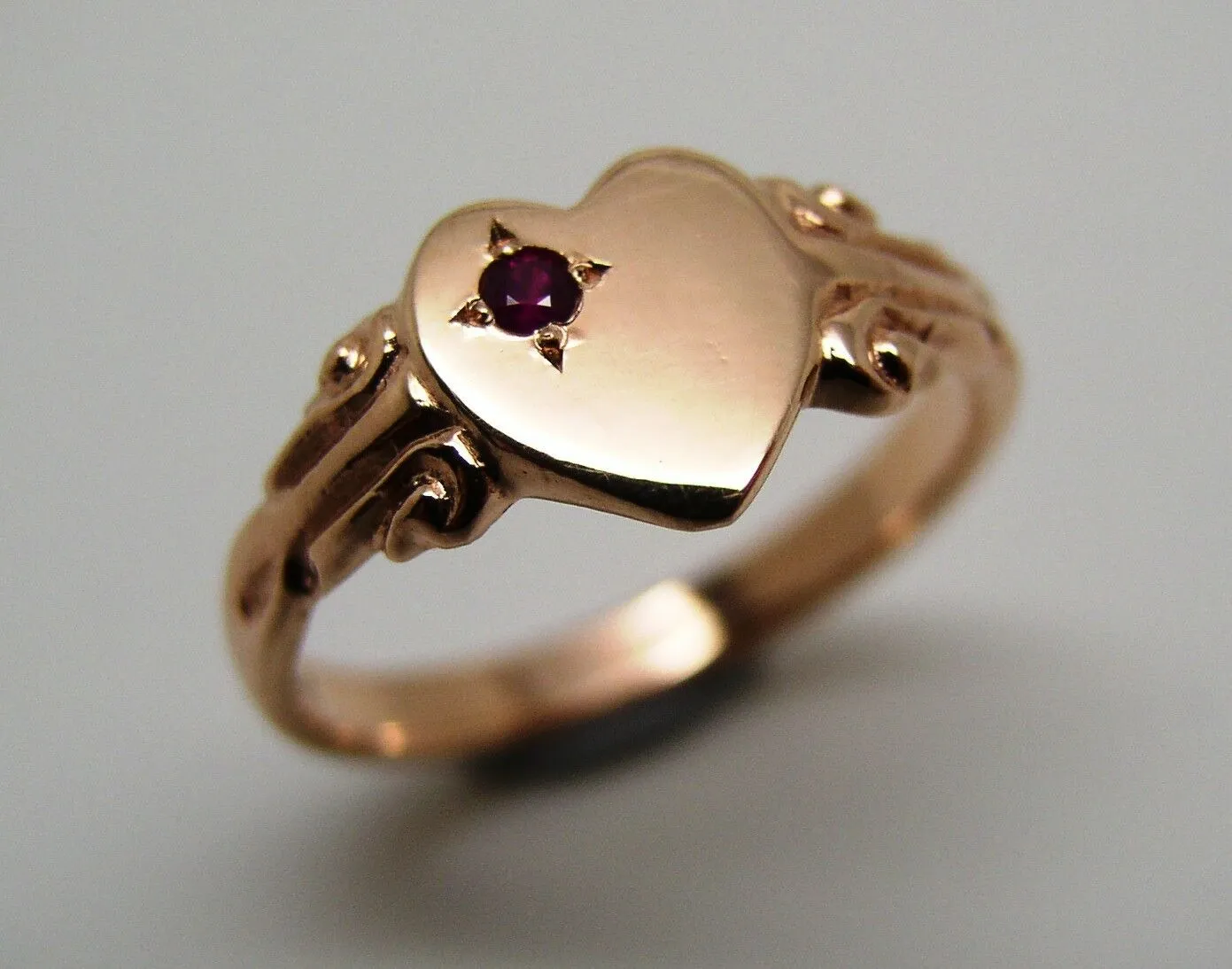 Genuine Solid 9ct Rose Gold Ruby Stone Heart Signet Ring -July Birthstone