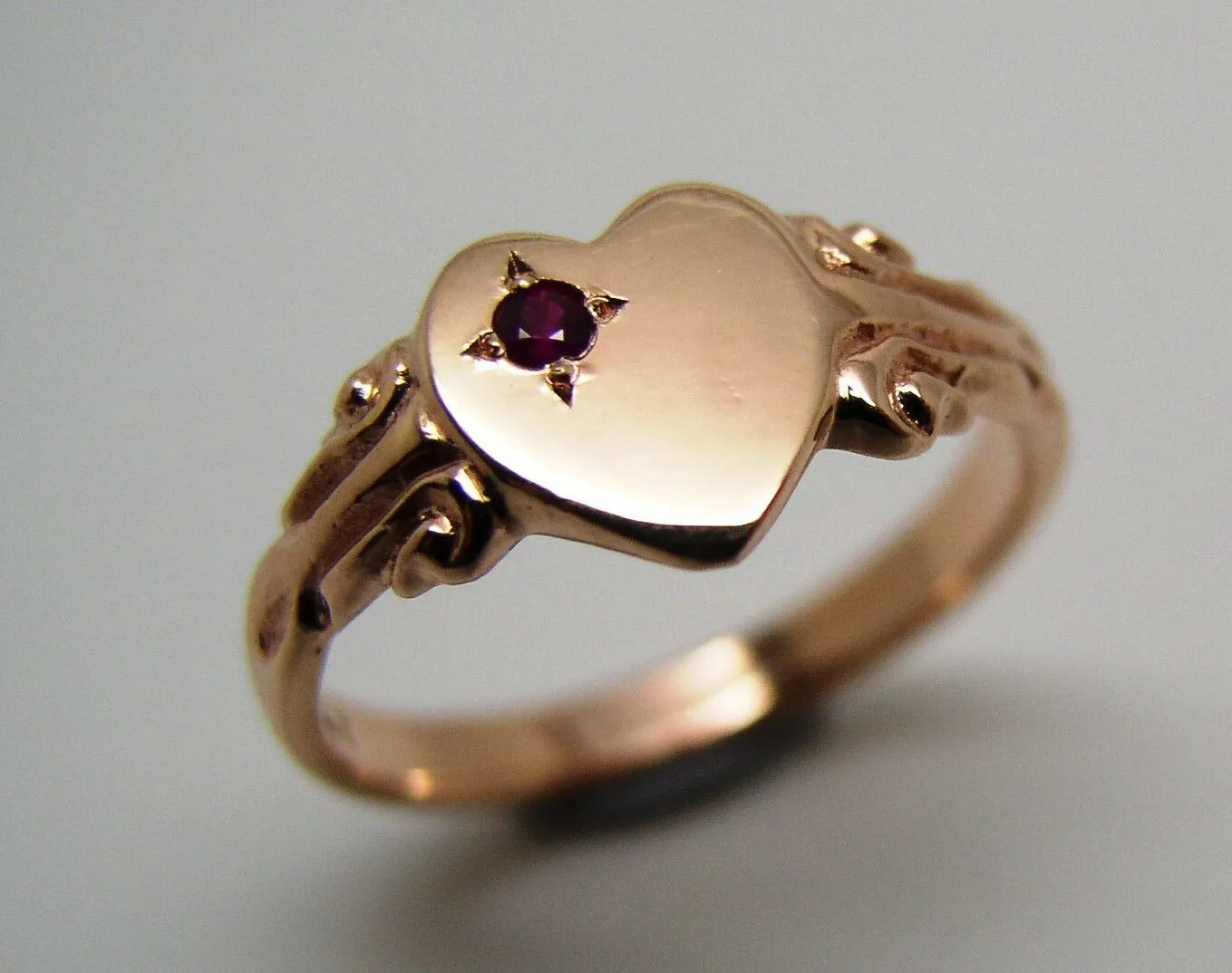 Genuine Solid 9ct Rose Gold Ruby Stone Heart Signet Ring -July Birthstone