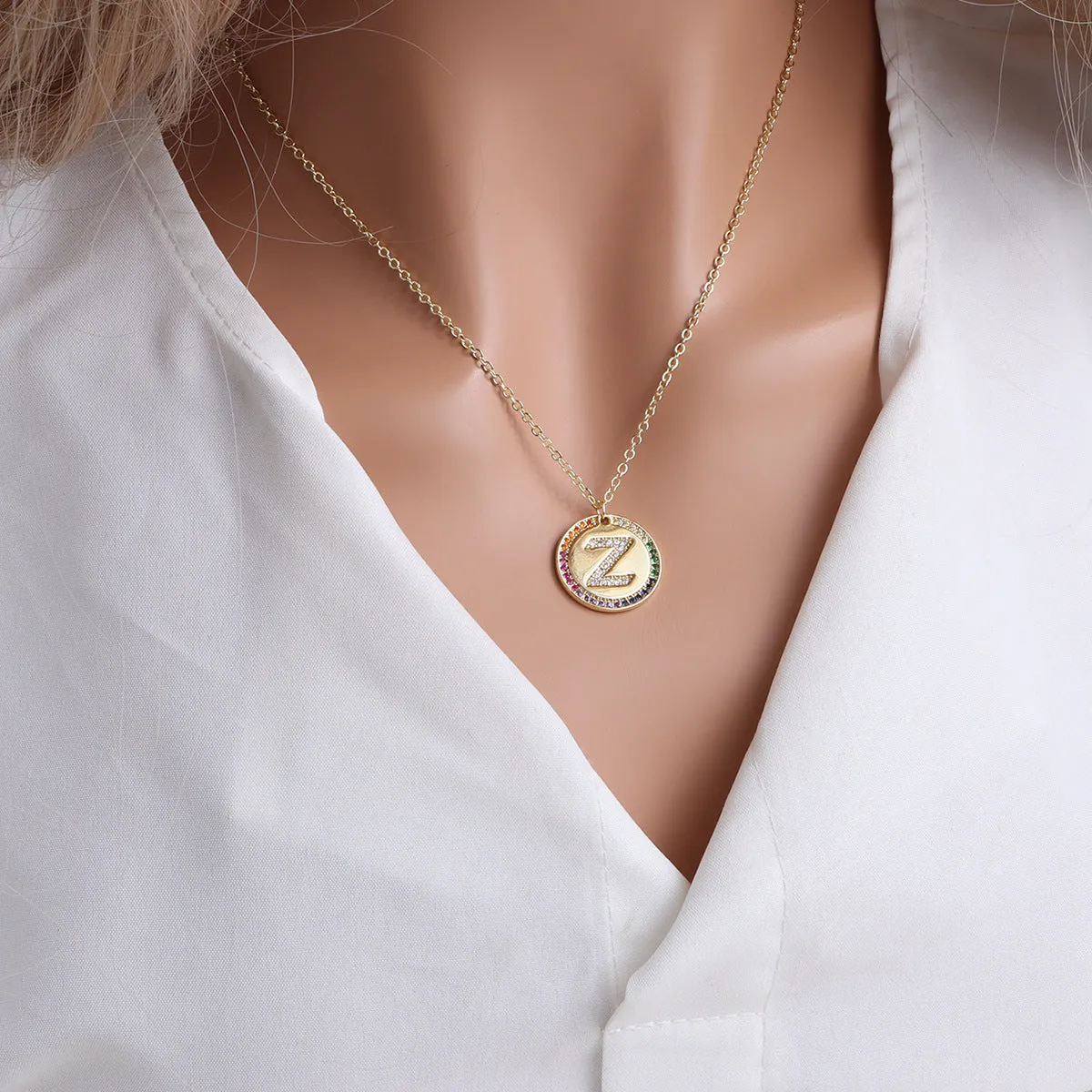 Gold English Letter Round Necklace Colorful Crystals Clavicle Chain