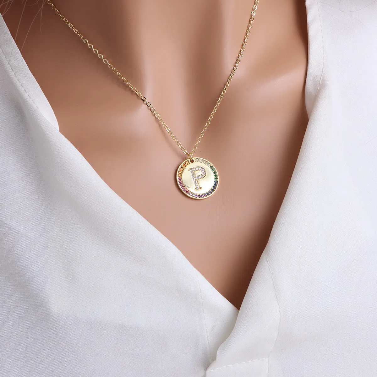 Gold English Letter Round Necklace Colorful Crystals Clavicle Chain