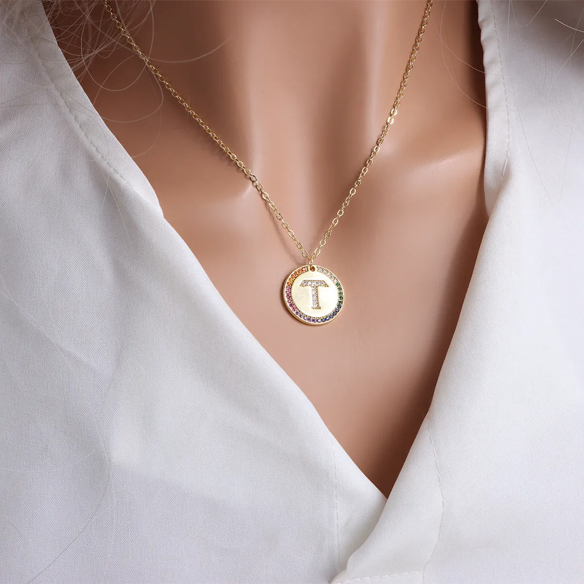 Gold English Letter Round Necklace Colorful Crystals Clavicle Chain