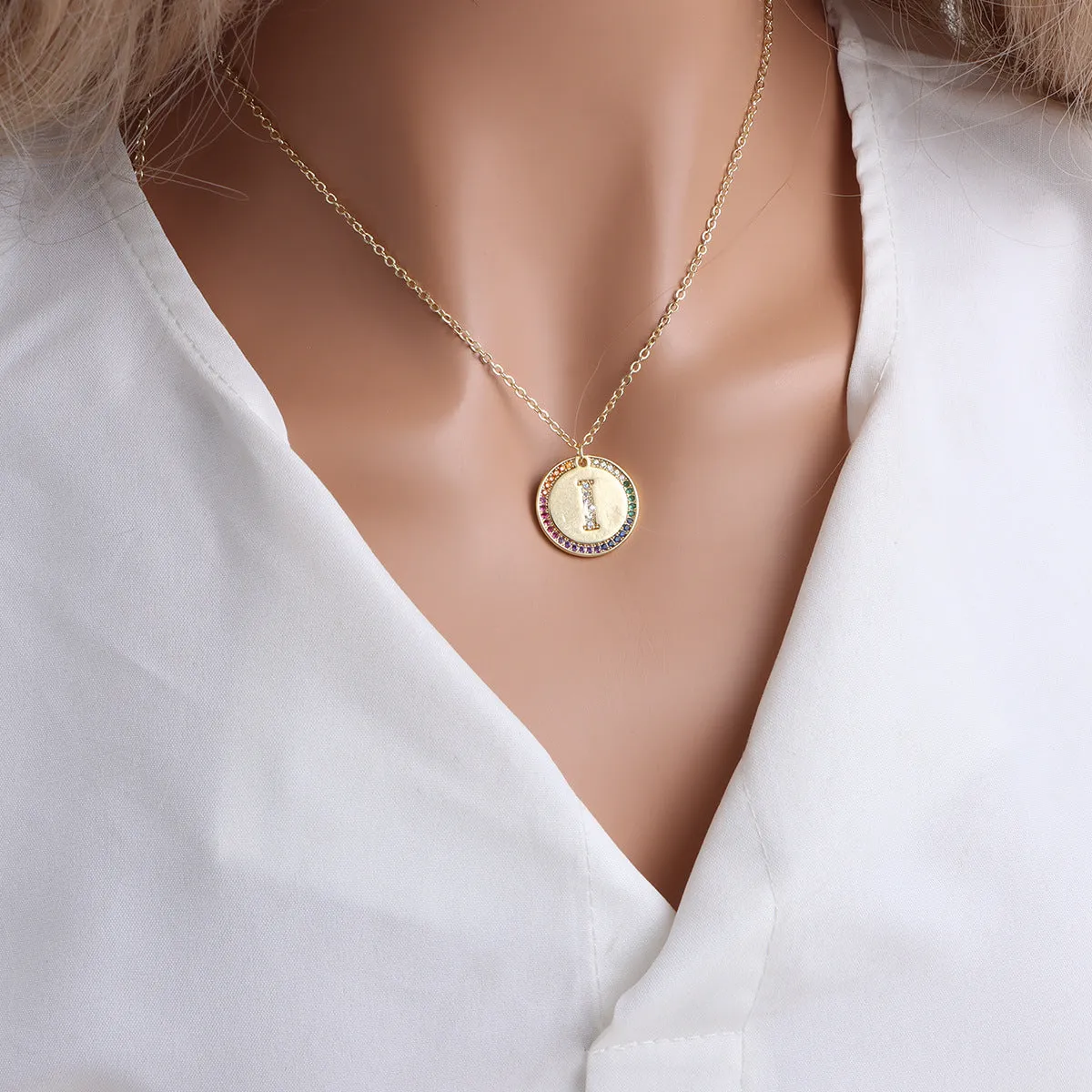 Gold English Letter Round Necklace Colorful Crystals Clavicle Chain