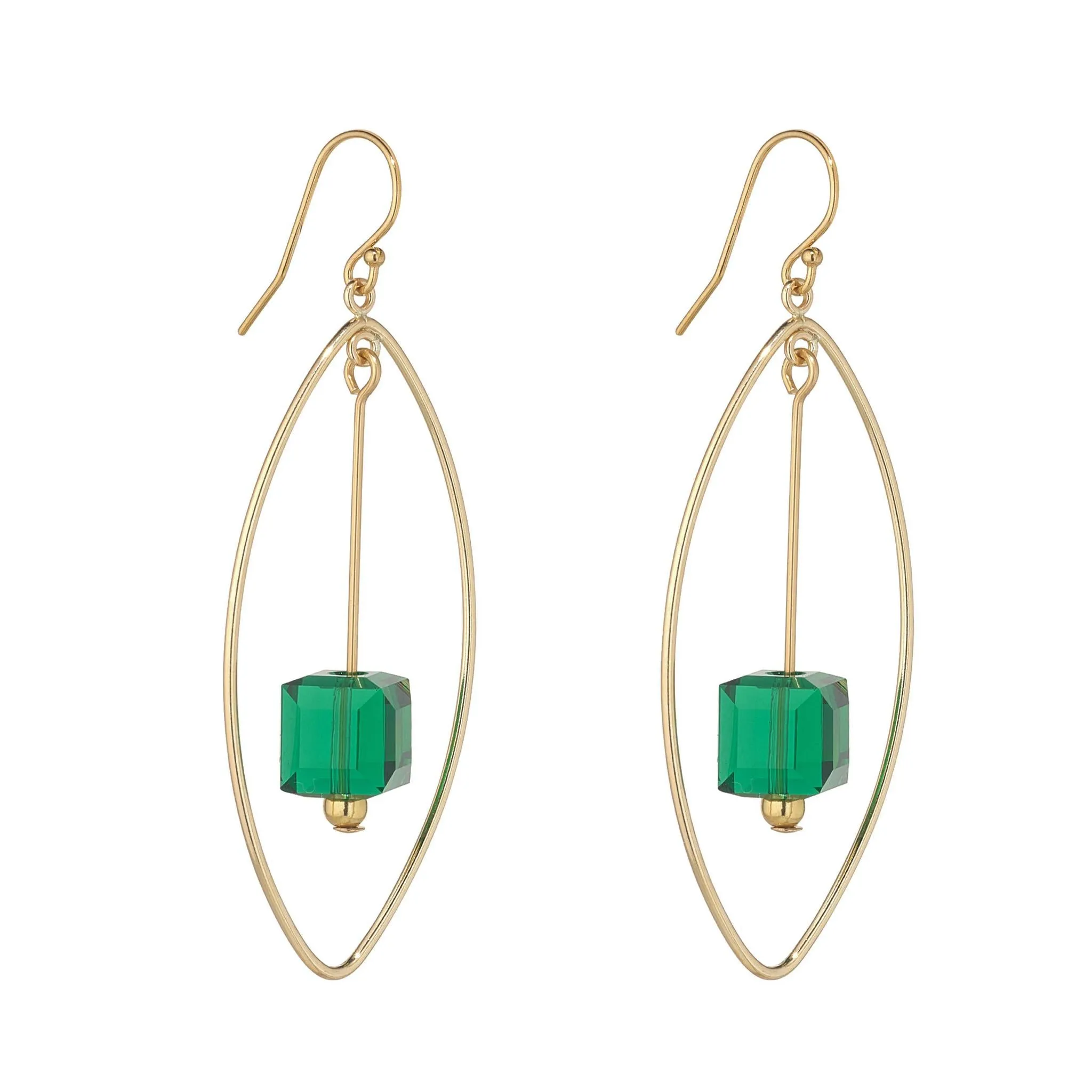 Gold Filled Majestic Green Crystal Cube Oval Chandelier Earrings