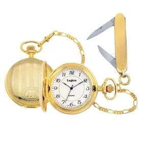 Gold Finish Large Engraved Watch White/Black & Plain Knife & Chain Set