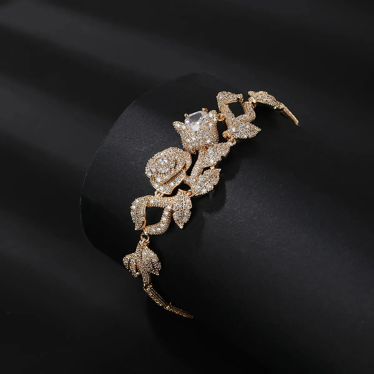 Gorgeous 4 Colors Cubic Zircon Rose Flower Chain Bracelets Bangle  Brides Wedding Party  Fashion Jewelry for Women Gift  CK10184