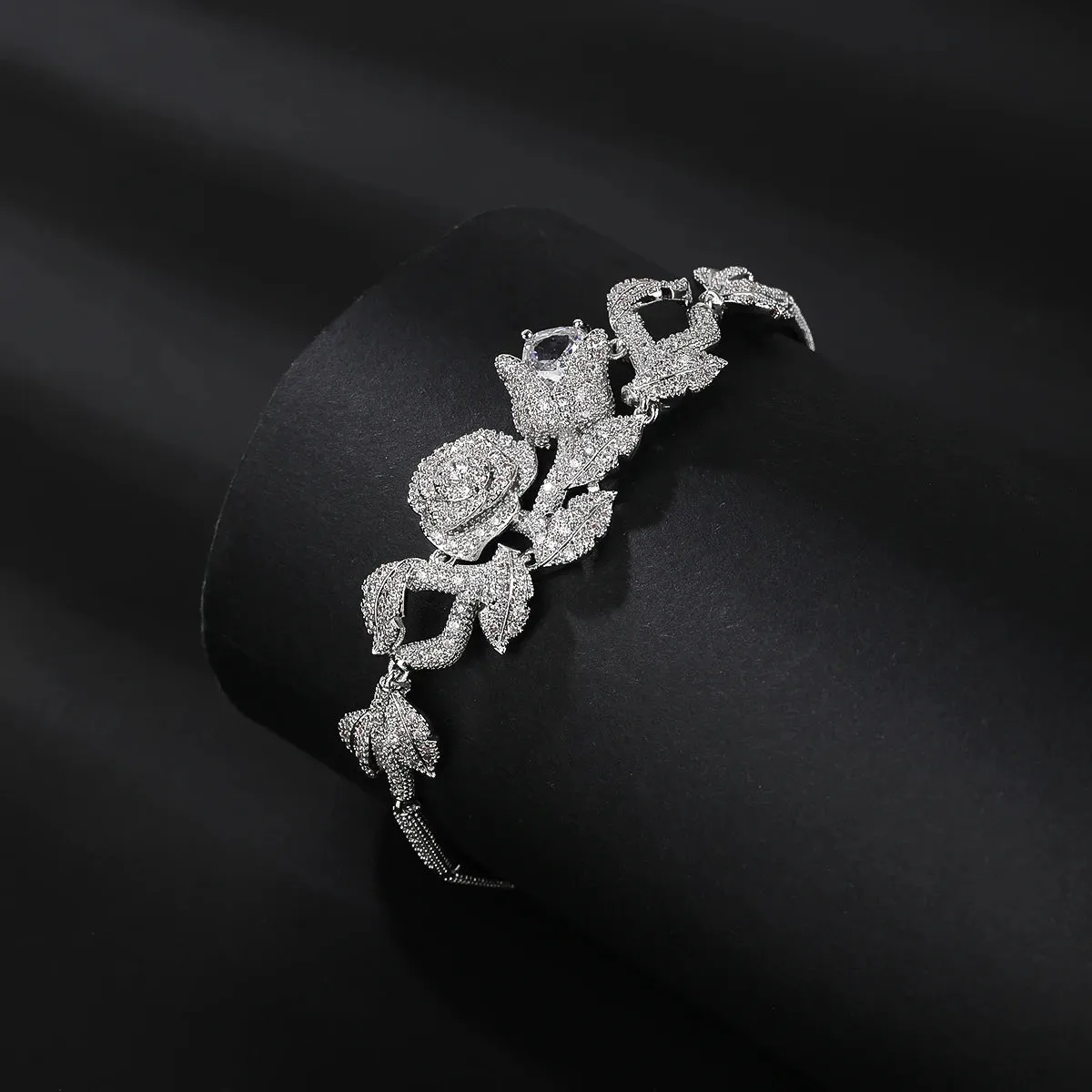 Gorgeous 4 Colors Cubic Zircon Rose Flower Chain Bracelets Bangle  Brides Wedding Party  Fashion Jewelry for Women Gift  CK10184