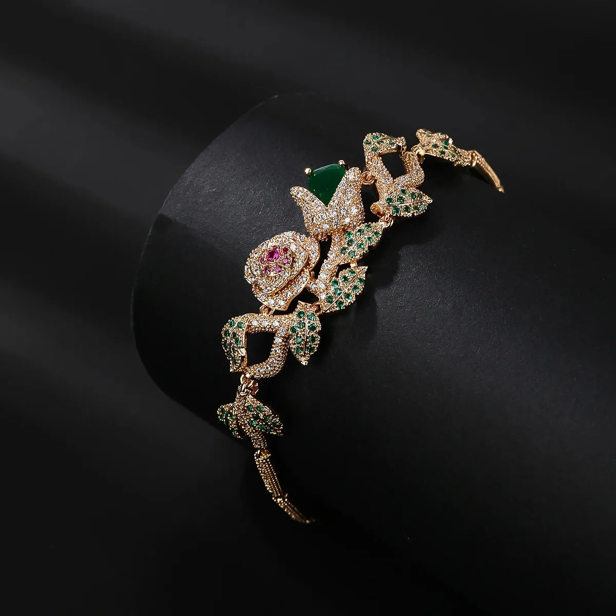 Gorgeous 4 Colors Cubic Zircon Rose Flower Chain Bracelets Bangle  Brides Wedding Party  Fashion Jewelry for Women Gift  CK10184