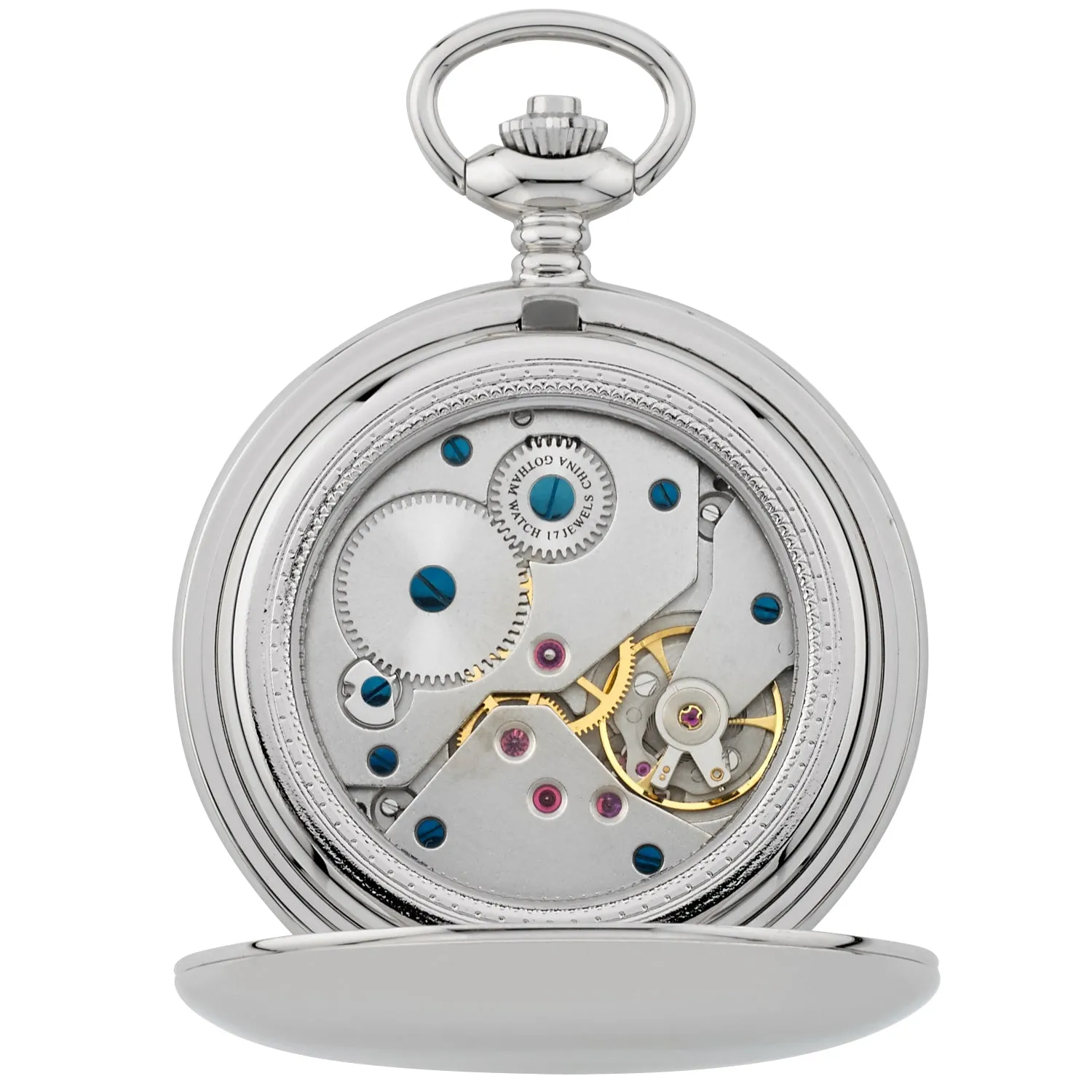 Gotham Men's Silver-Tone Railroad Dial Double Hunter 17 Jewel Mechanical Pocket Watch # GWC18806SB