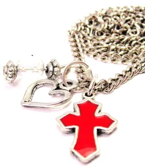 Hand Painted Latin Cross Red Necklace with Small Heart