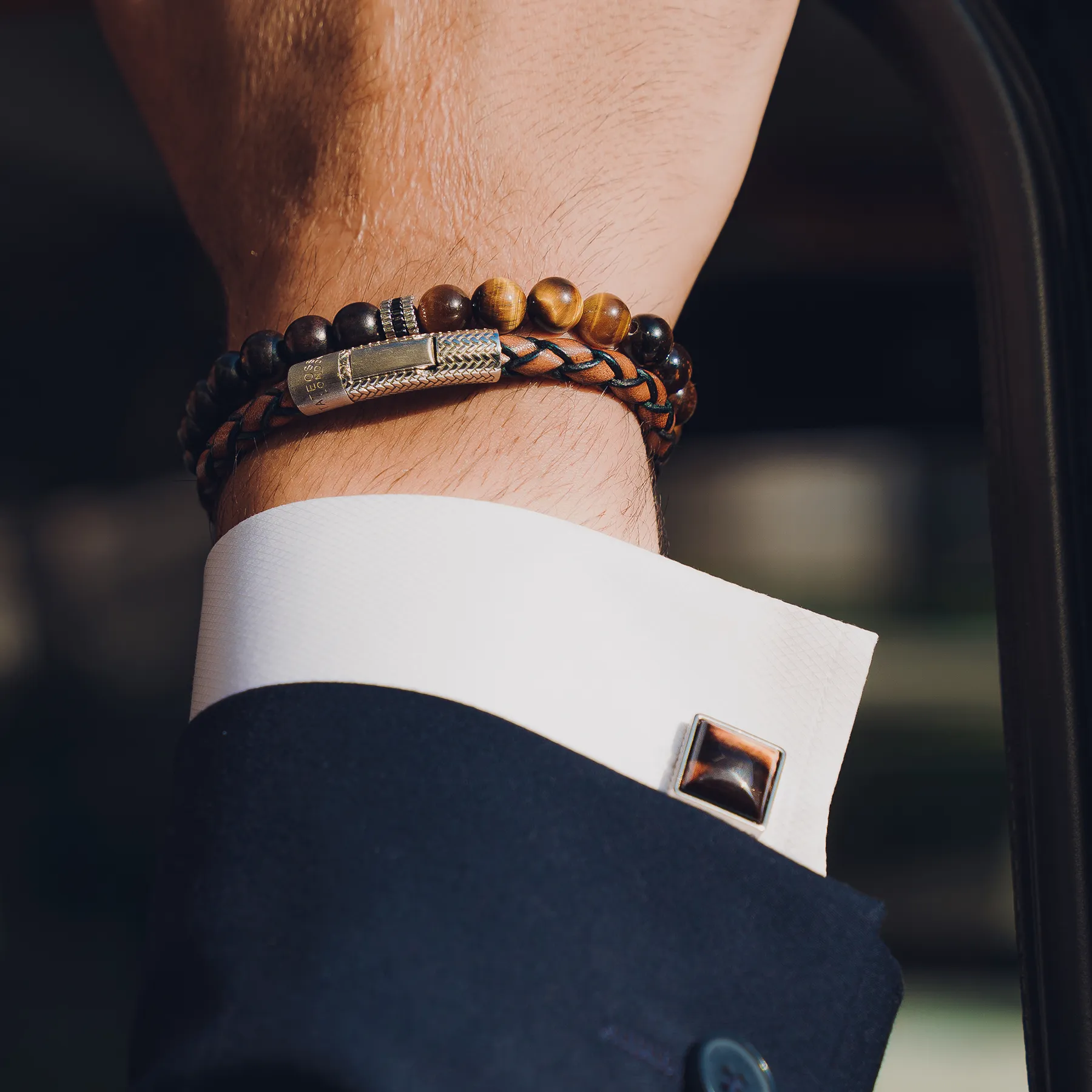 Herringbone Click Pelle Bracelet In Brown Leather With Rhodium Plated Silver