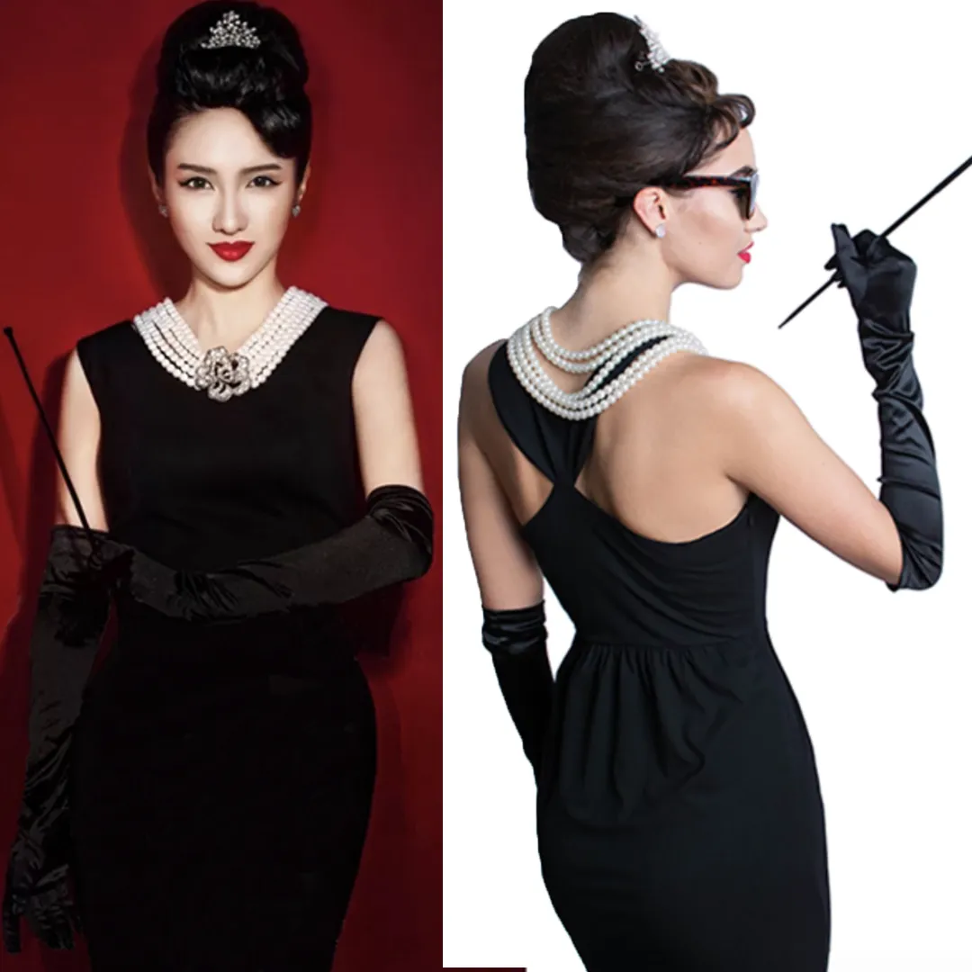 Holly Golightly Costume Women Accessories Set for Halloween Fancy 5 Strand Pearl Necklace with Flower Pendant Functional Long Extendable Cigarette Holder and Long Black Opera Satin Gloves (Rental)