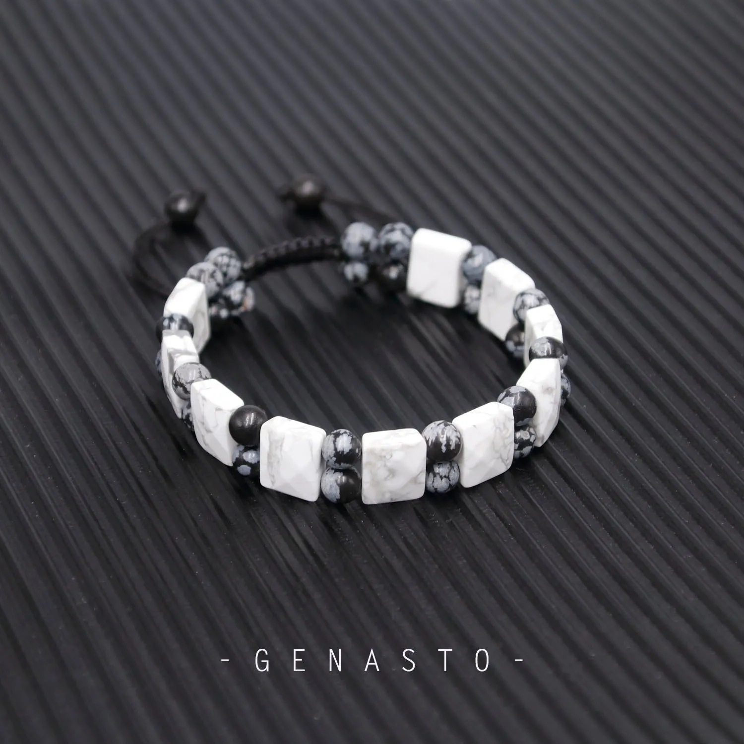 Howlite & Snowflake Obsidian, Square Flat Beads Bracelet