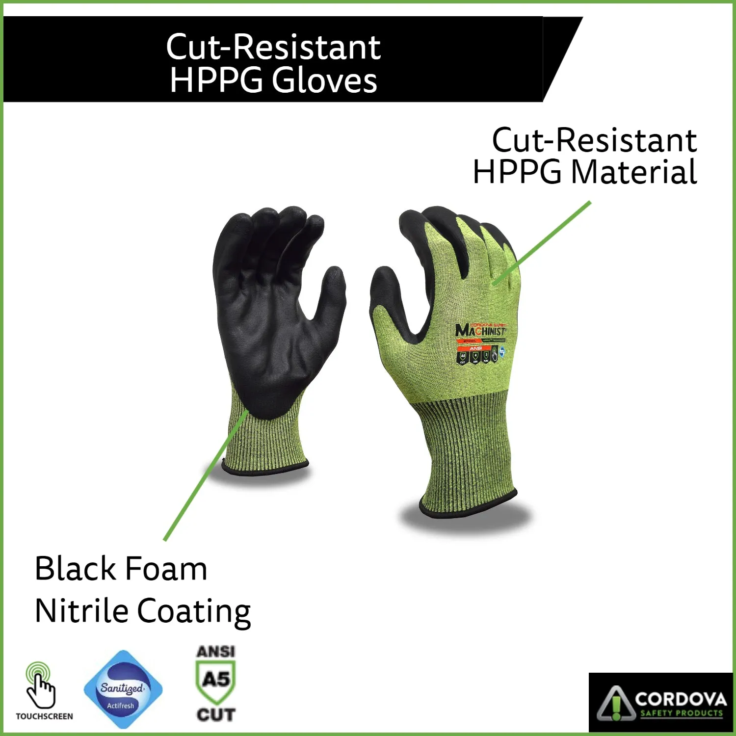 HPPG Cut-Resistant Gloves with Foam Nitrile Coating, ANSI Cut Level A5