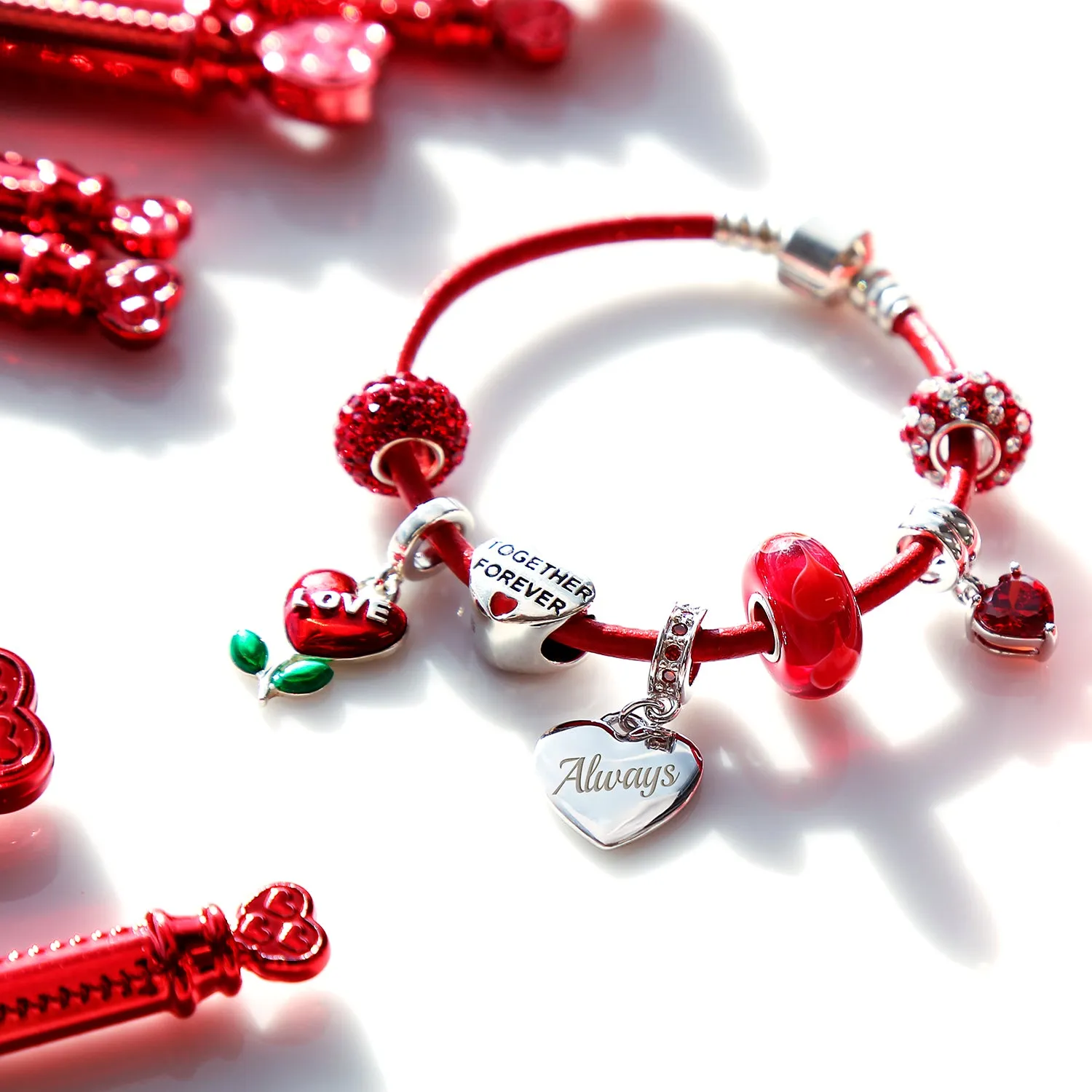 Initials Love Heart Charm Bracelet with Genuine Red Leather and Sterling Silver Clasp