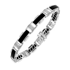 Jewelili Sterling Silver With 1/4 CTTW Natural White Round Diamonds and Black Onyx Link Bracelet