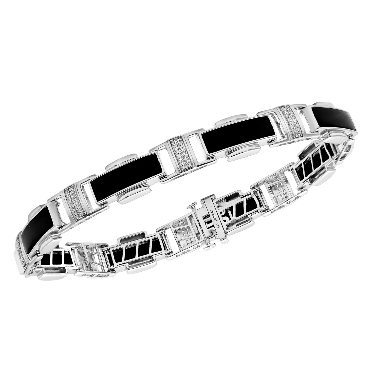 Jewelili Sterling Silver With 1/4 CTTW Natural White Round Diamonds and Black Onyx Link Bracelet