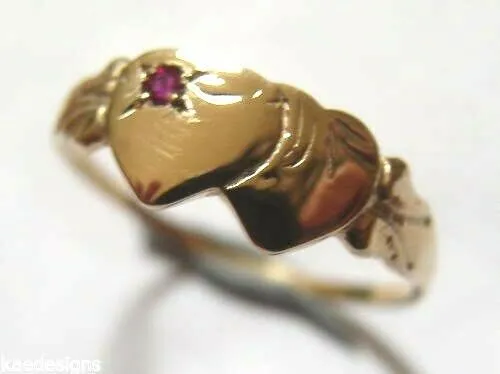 Kaedesigns, Genuine Childs 9ct Yellow, Rose or White Gold Double Heart Ruby Signet Ring