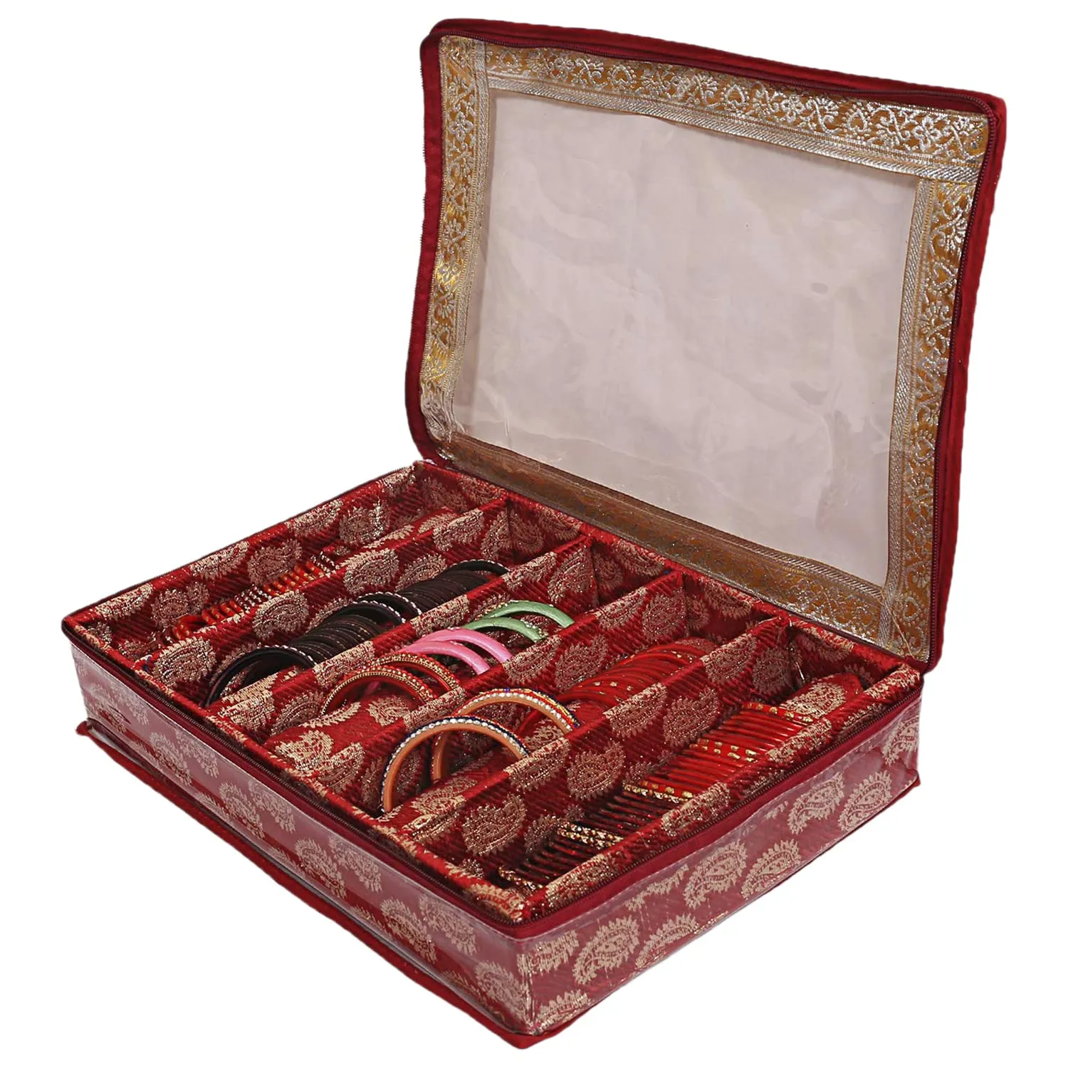 Kuber Industries Multipurpose Teardrop Pattern Laminated 5 Rod Bangle Box/Organizer/Case with Tranasparent Top (Red)-47KM0497