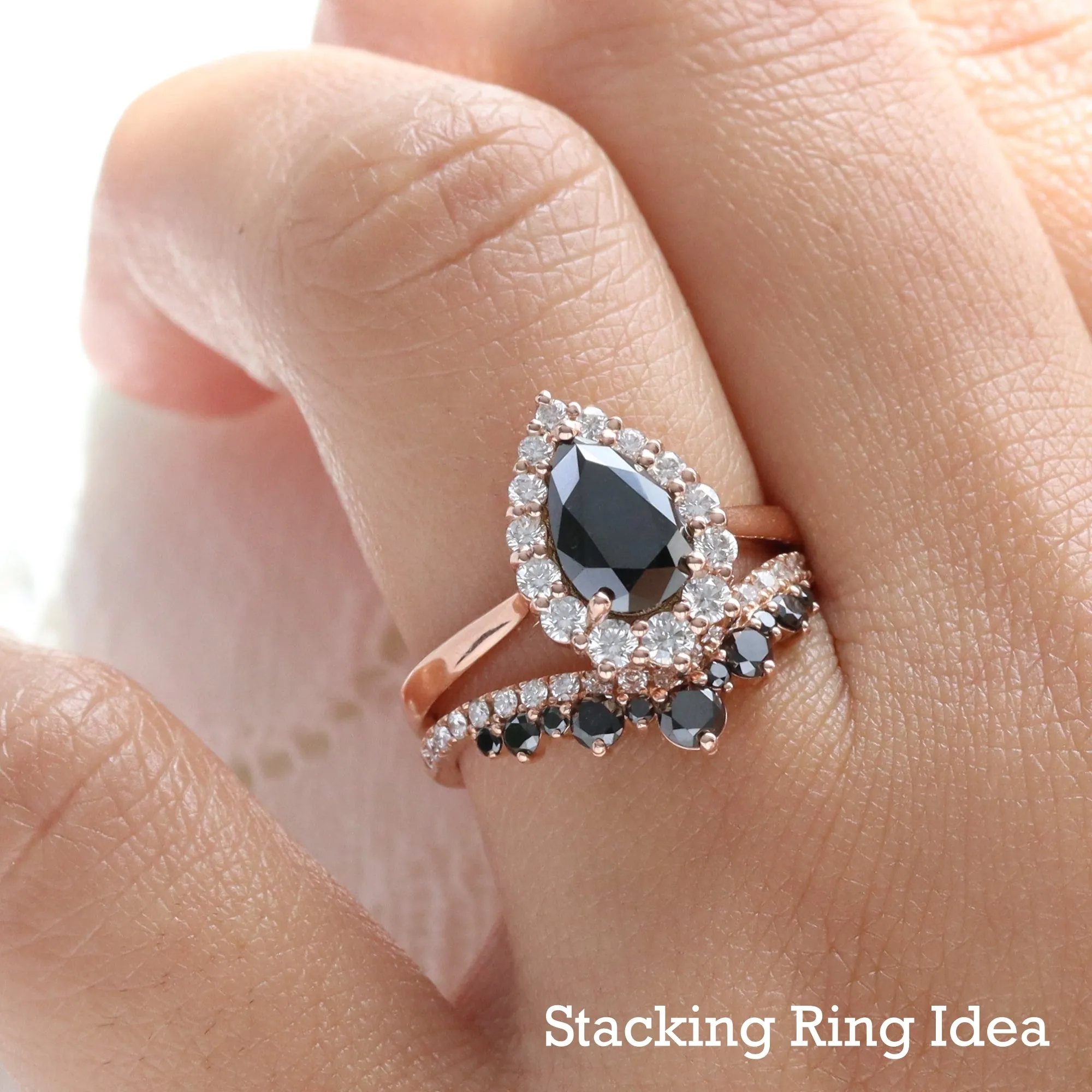 Large Pear Black Diamond Ring in Tiara Halo Diamond Tapered Band