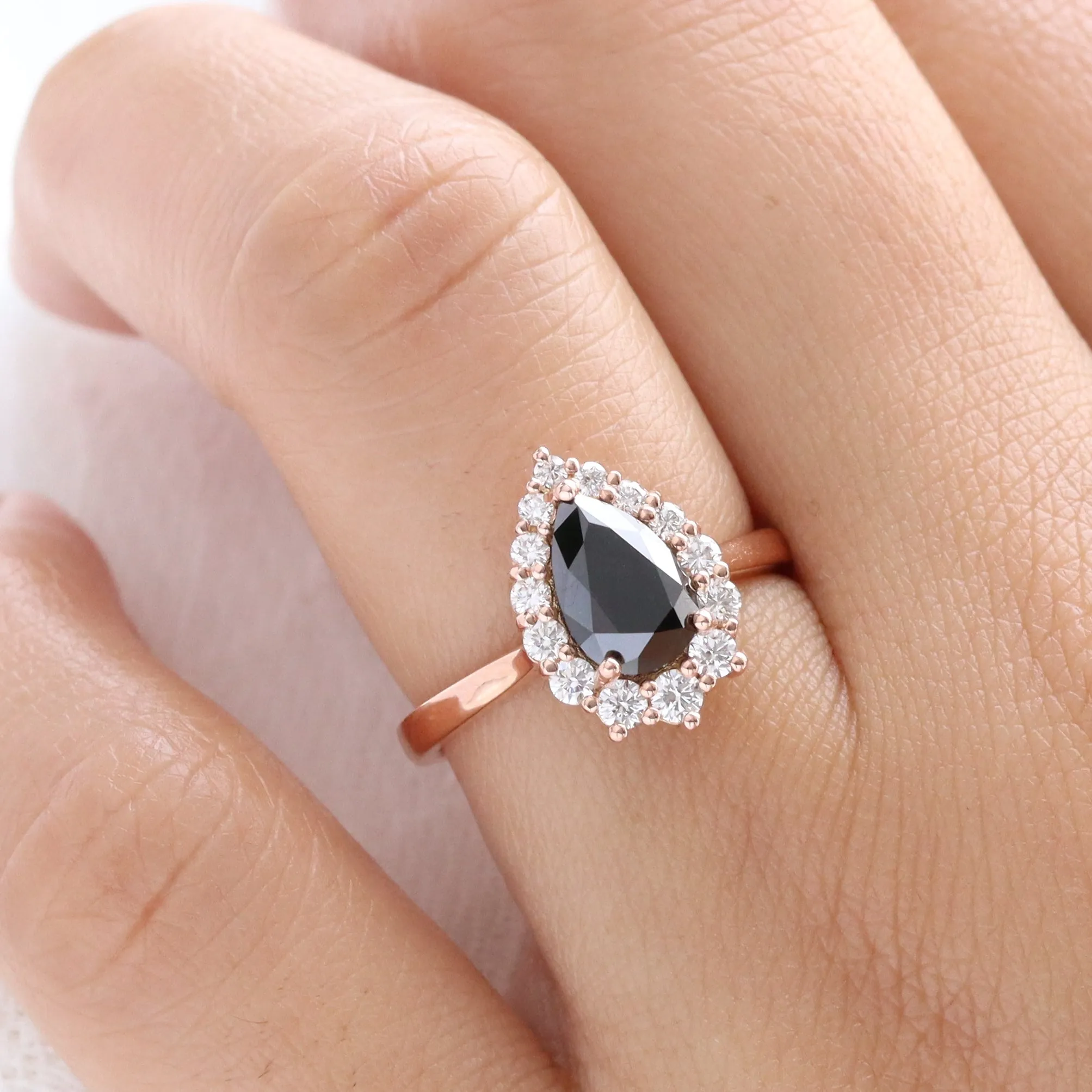 Large Pear Black Diamond Ring in Tiara Halo Diamond Tapered Band