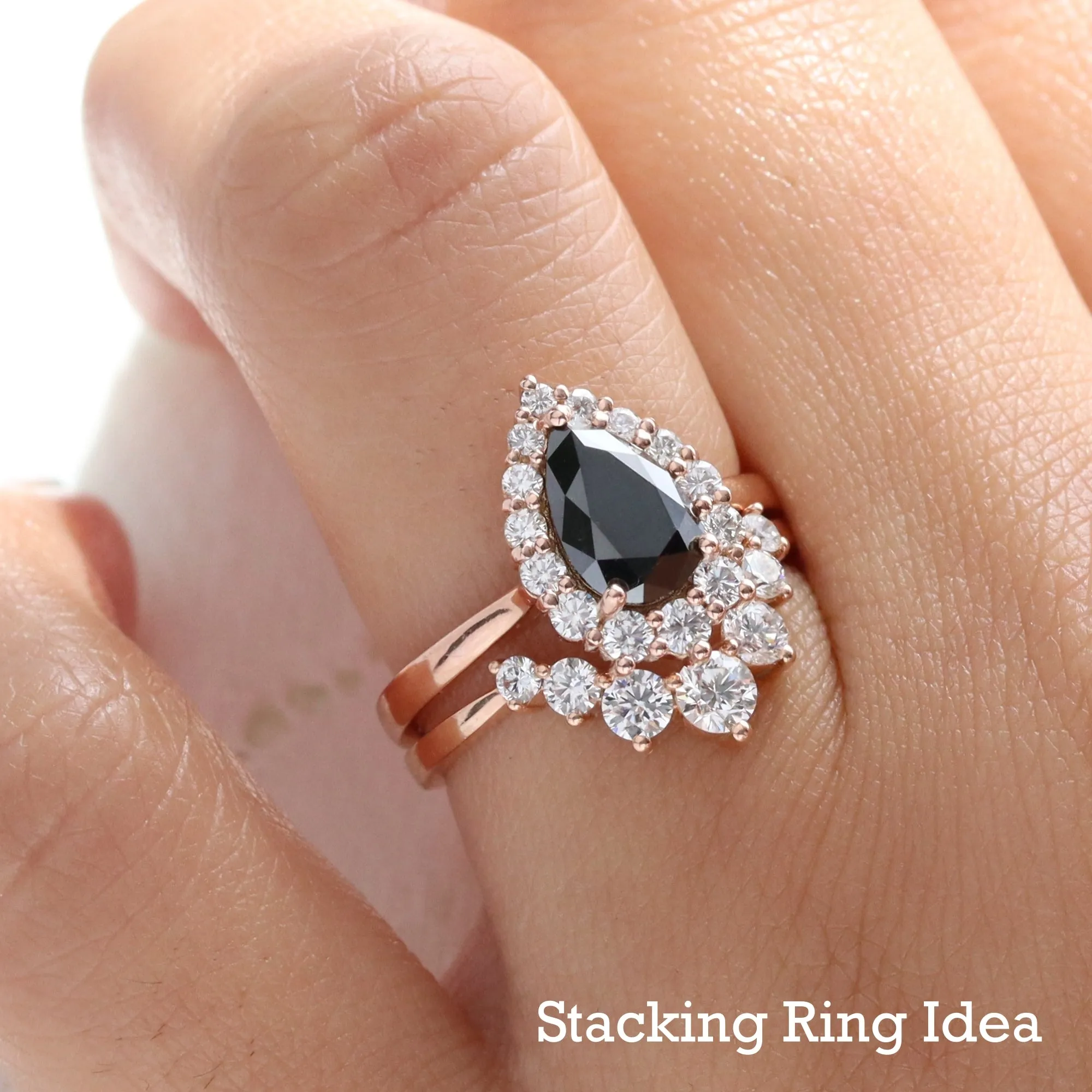 Large Pear Black Diamond Ring in Tiara Halo Diamond Tapered Band