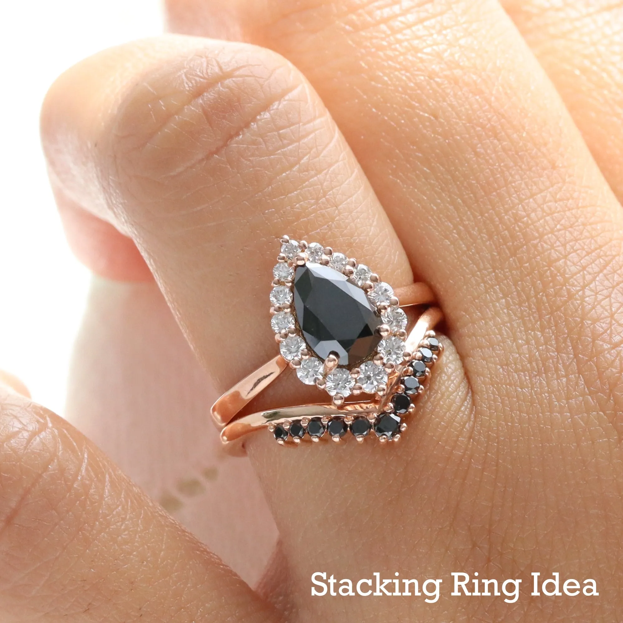 Large Pear Black Diamond Ring in Tiara Halo Diamond Tapered Band