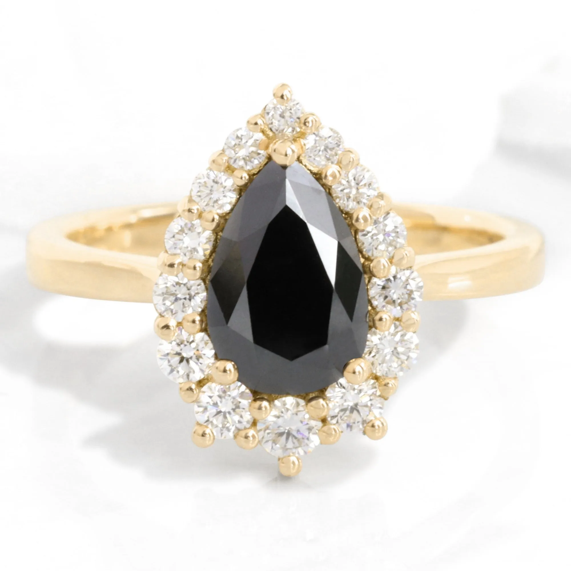 Large Pear Black Diamond Ring in Tiara Halo Diamond Tapered Band