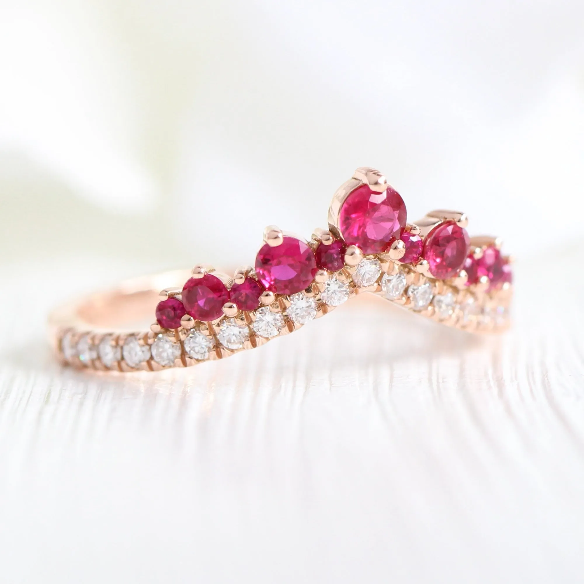 Large Tiara Diamond Ruby Ring in Deep V Shaped Wedding Band