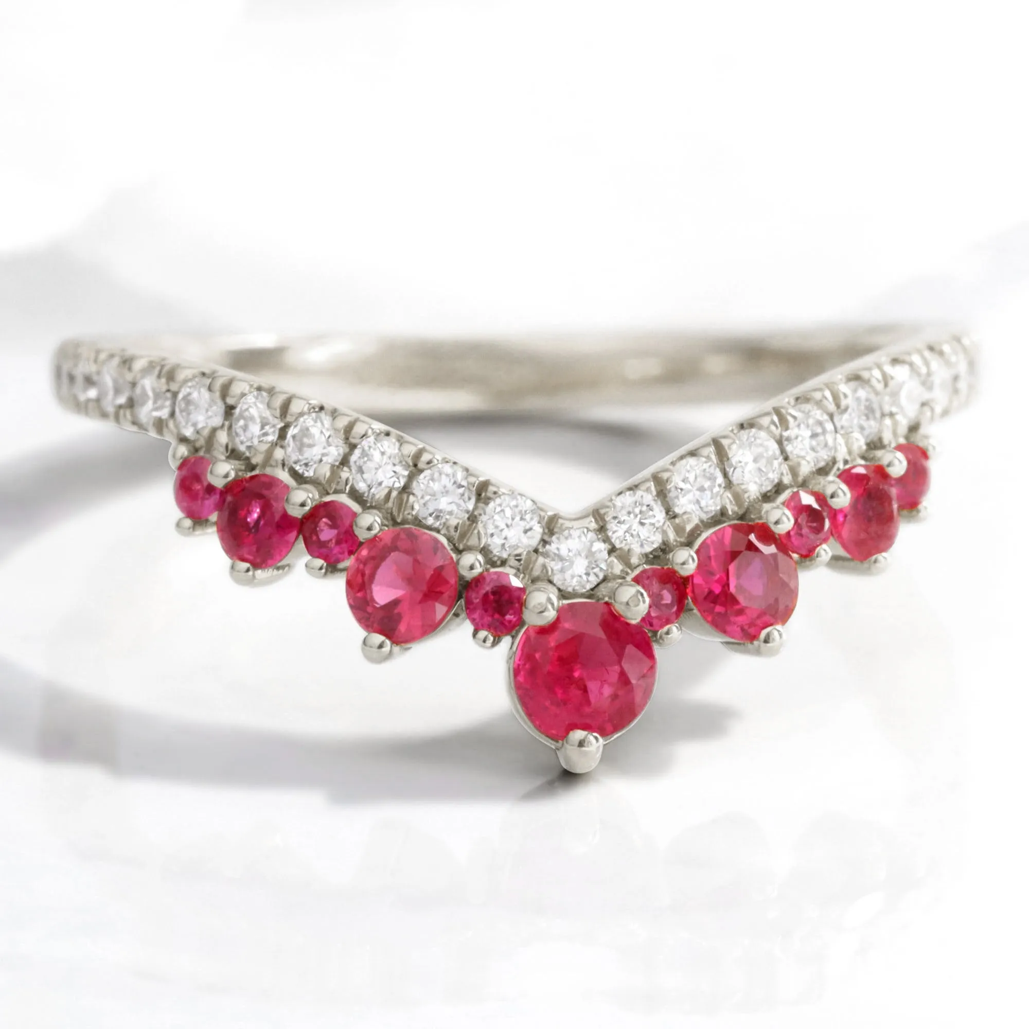 Large Tiara Diamond Ruby Ring in Deep V Shaped Wedding Band