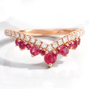 Large Tiara Diamond Ruby Ring in Deep V Shaped Wedding Band