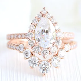 Large Tiara Halo Pave Ring Set w/ Pear Moissanite and Large 7 Diamond U Band