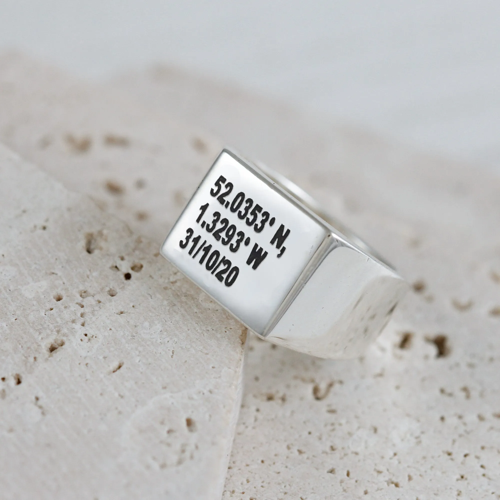 Latitude Longitude Coordinates Large Square Silver Signet Ring