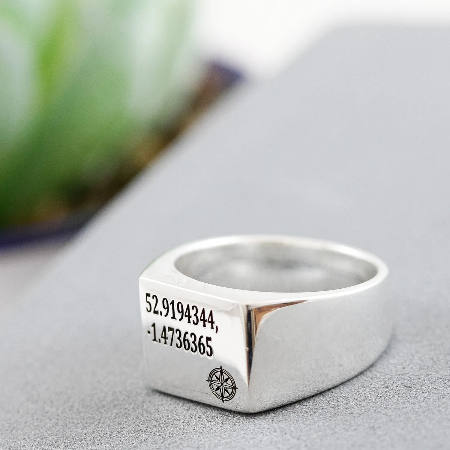 Latitude Longitude Coordinates Large Square Silver Signet Ring