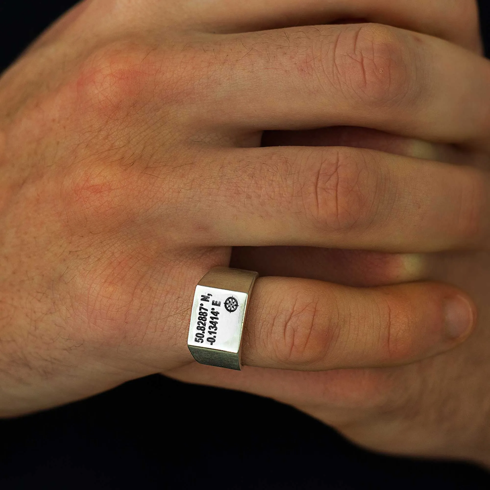 Latitude Longitude Coordinates Large Square Silver Signet Ring