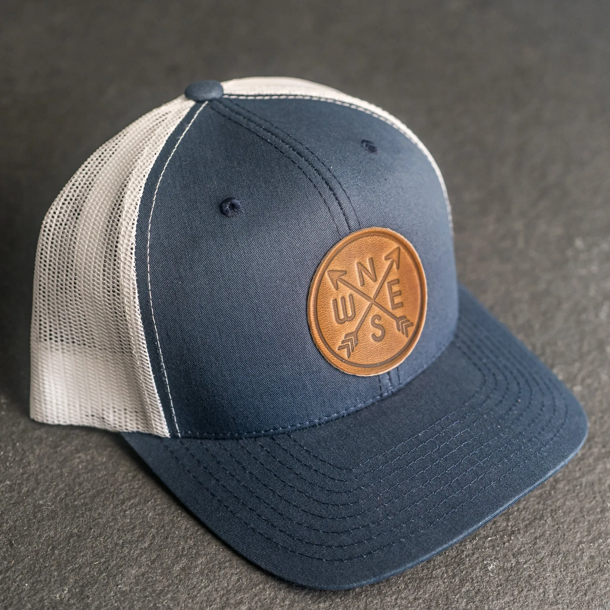 Leather Patch Trucker Style Hat - Compass Rose Stamp