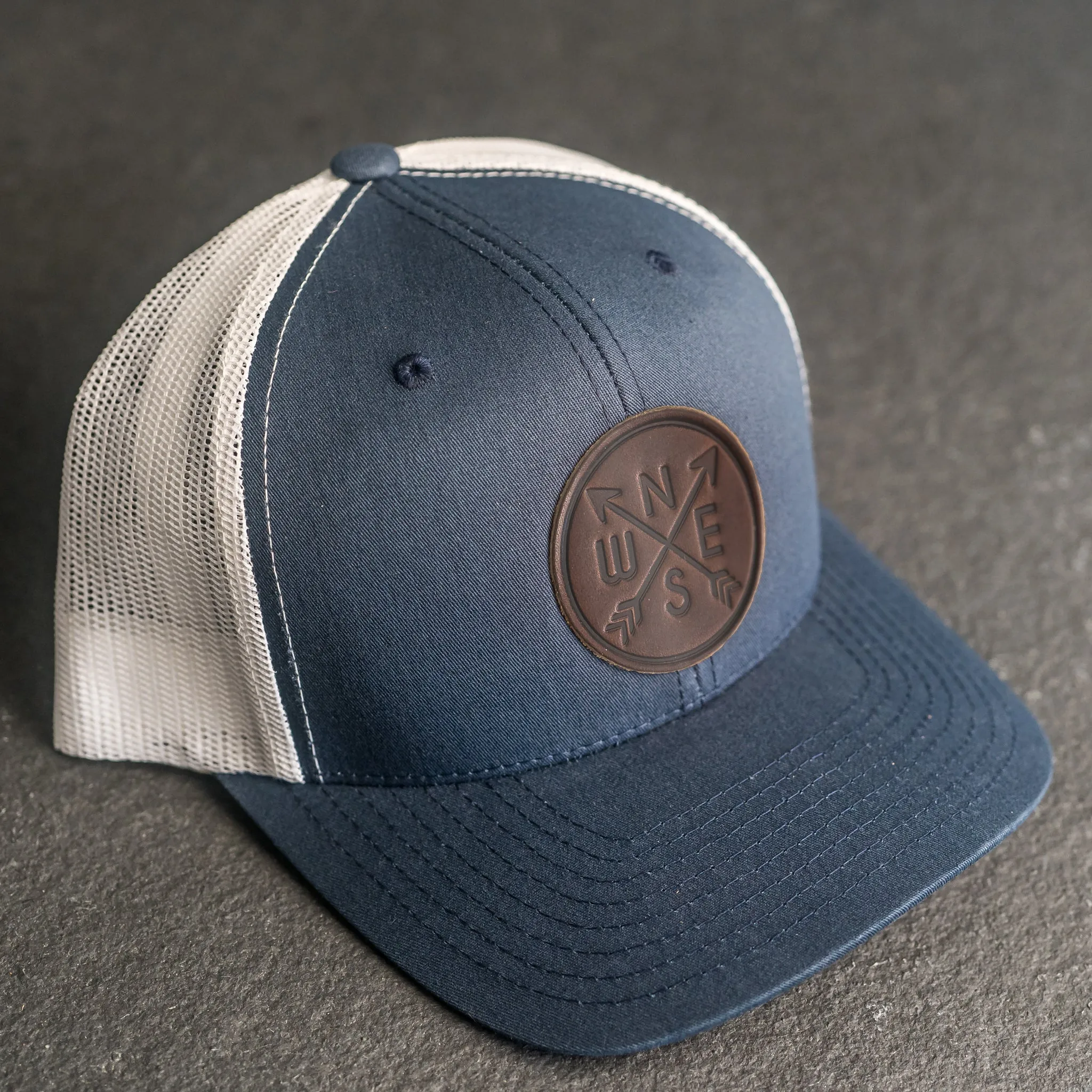 Leather Patch Trucker Style Hat - Compass Rose Stamp