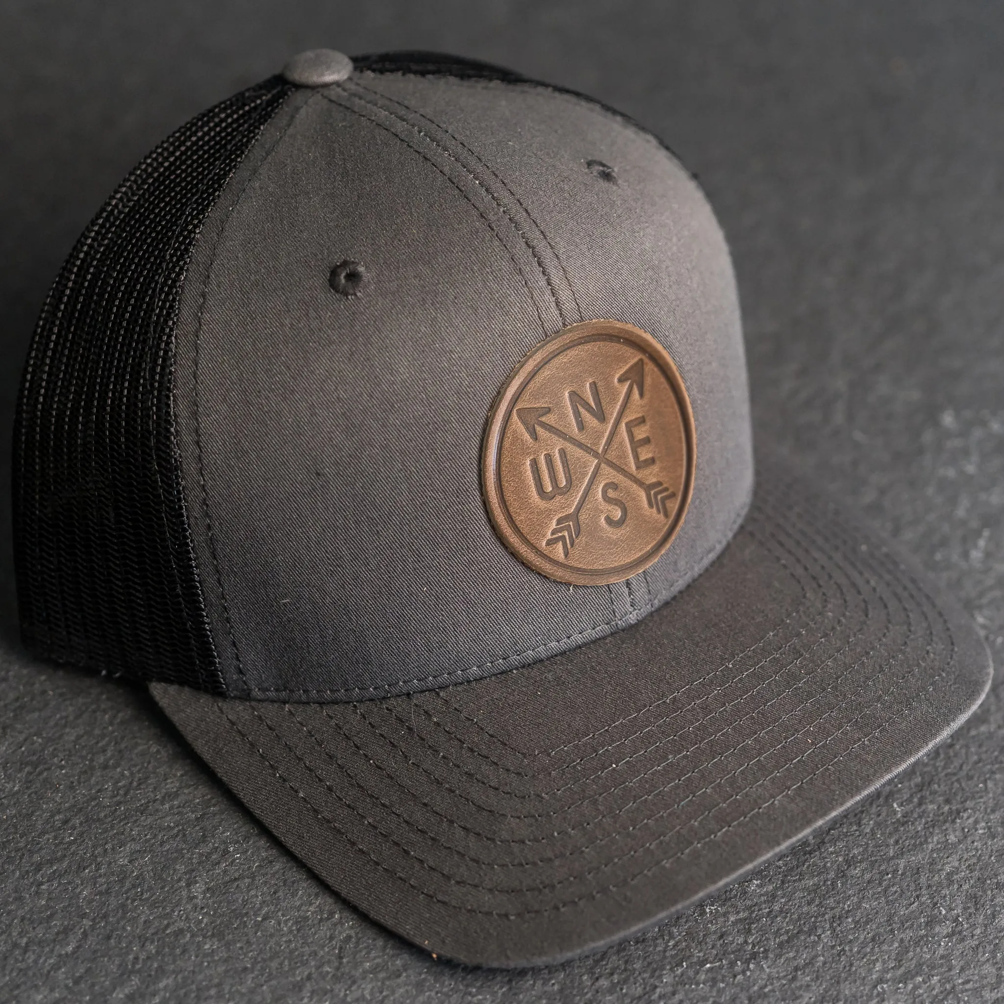 Leather Patch Trucker Style Hat - Compass Rose Stamp