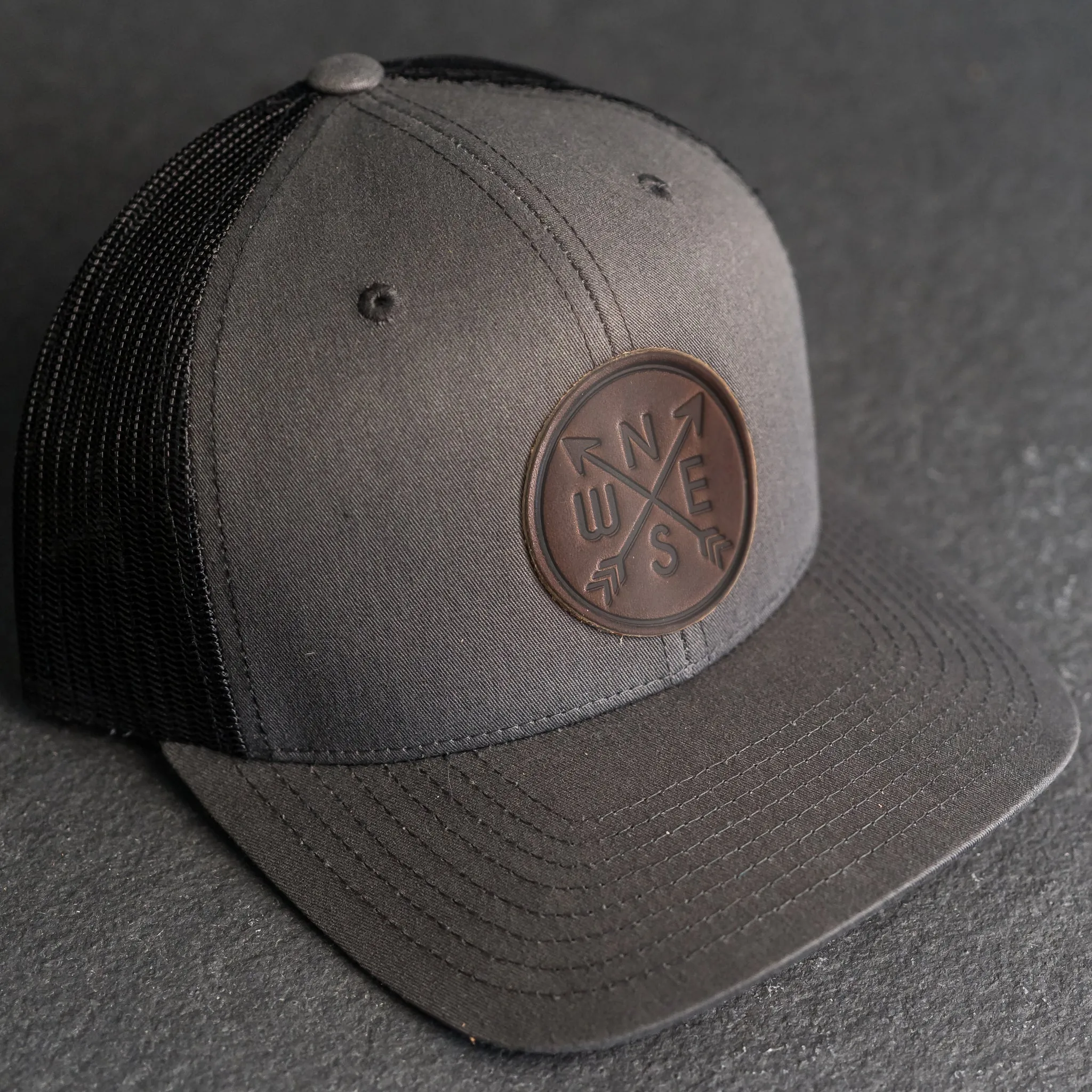 Leather Patch Trucker Style Hat - Compass Rose Stamp