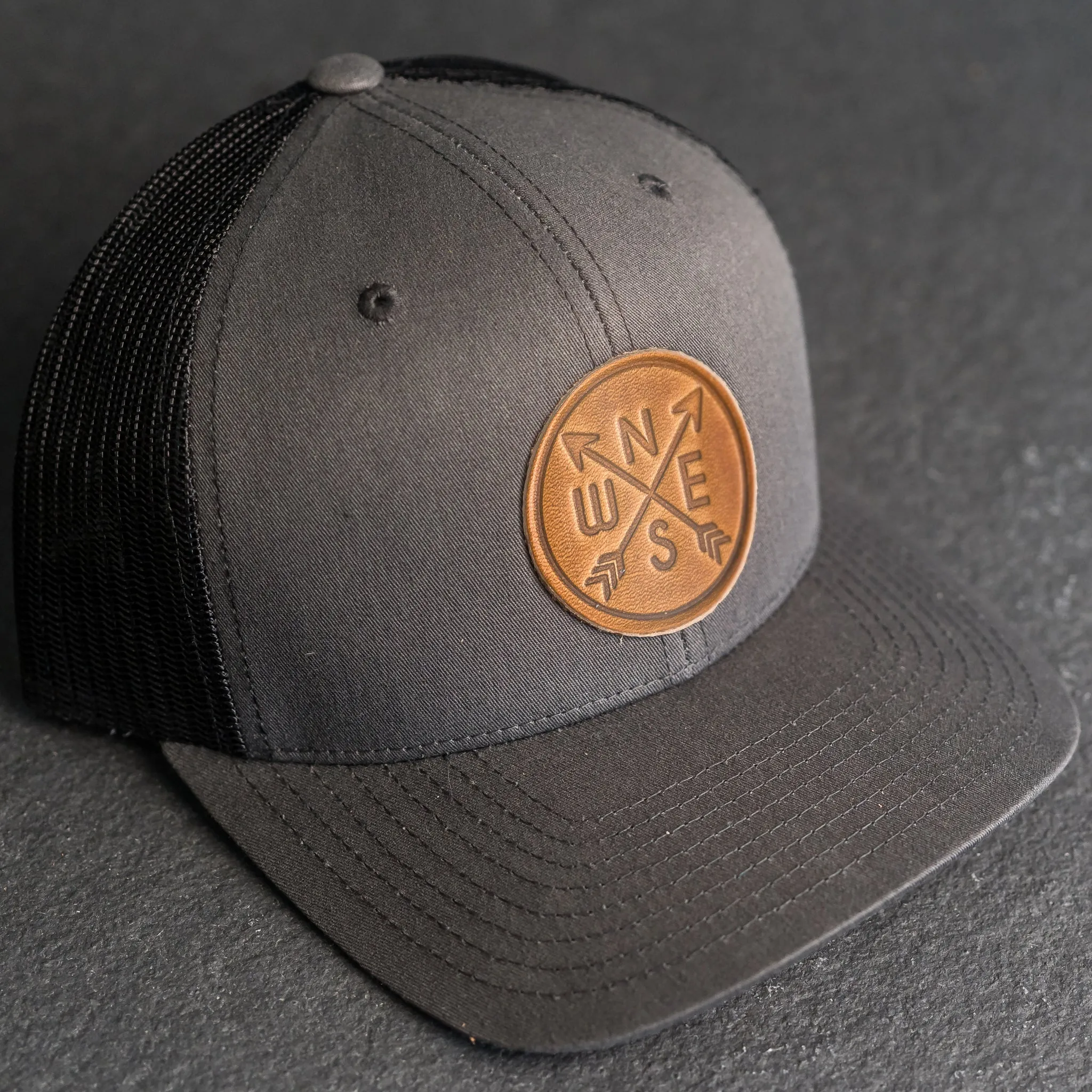 Leather Patch Trucker Style Hat - Compass Rose Stamp