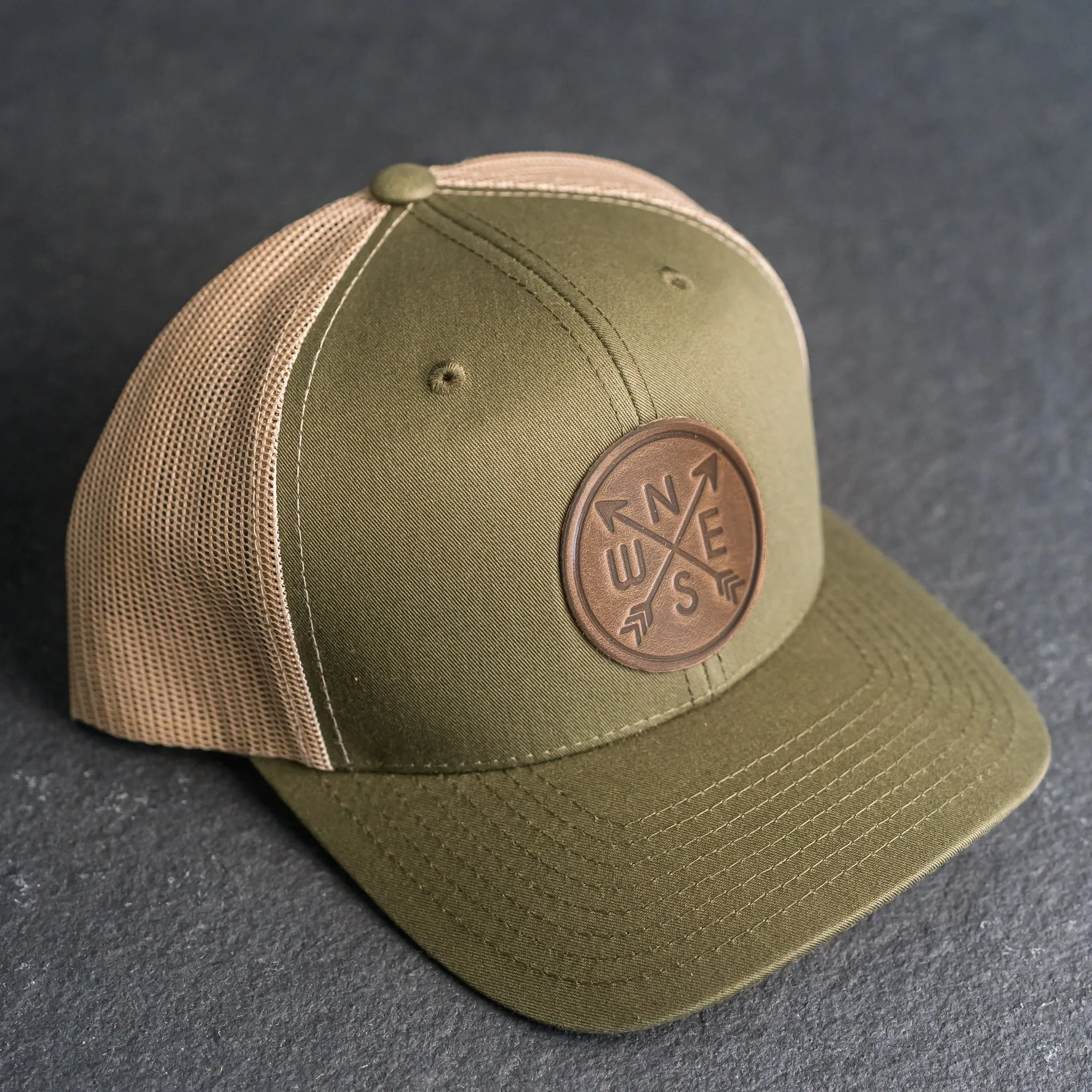 Leather Patch Trucker Style Hat - Compass Rose Stamp