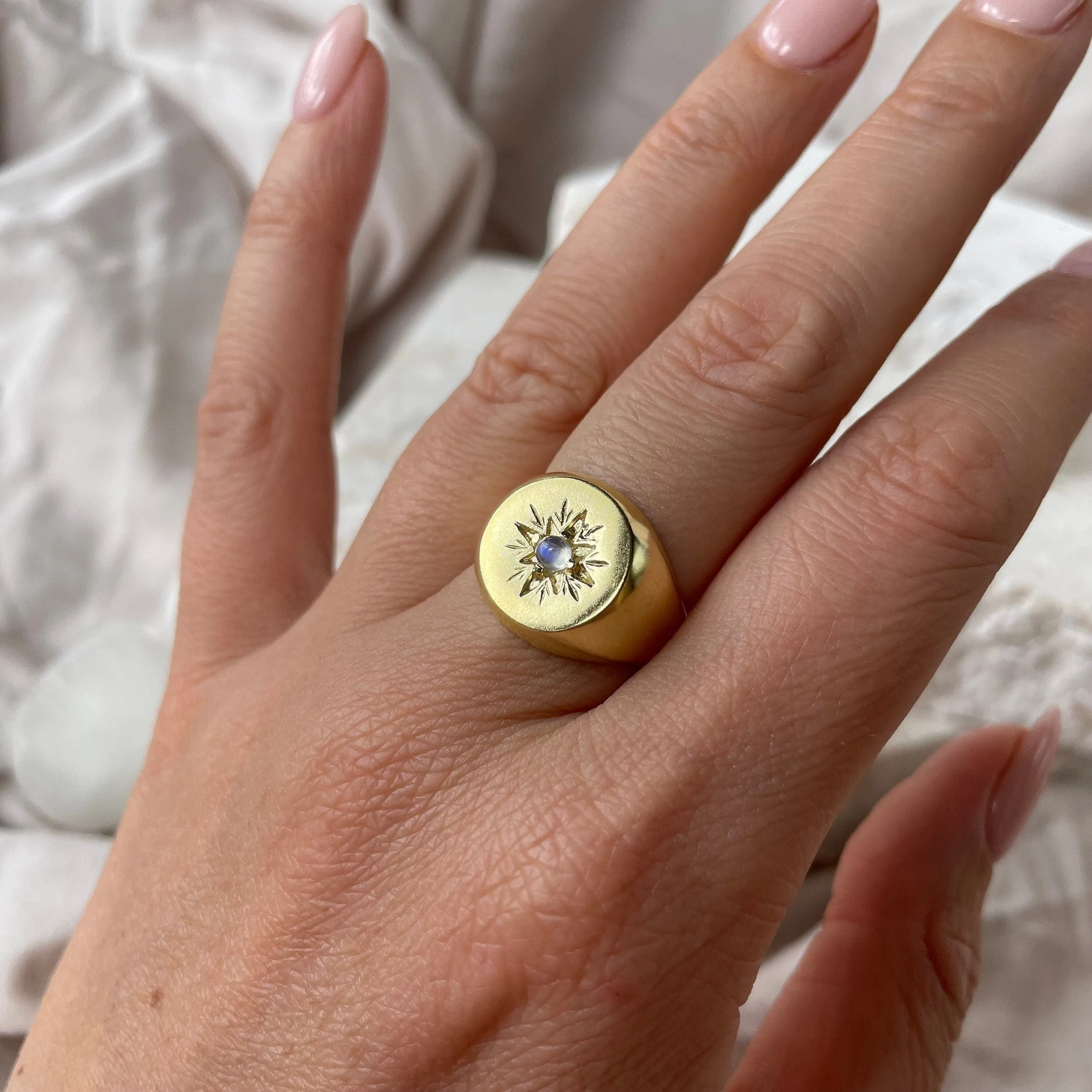 Little Star Signet Gold Rainbow Moonstone Ring