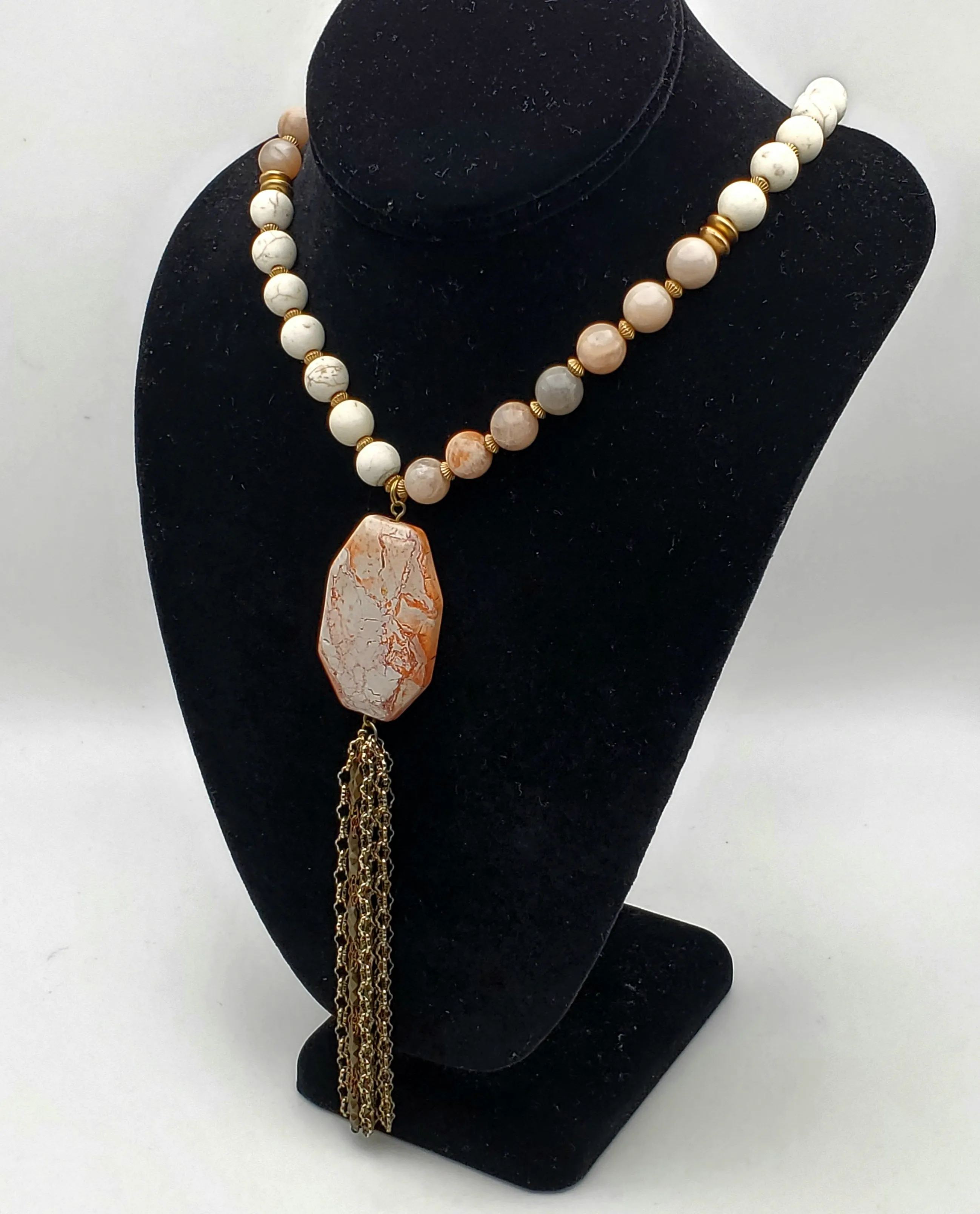 Lucky Star Jewels - Vintage Sunstone Moonstone Beaded Tassel Necklace