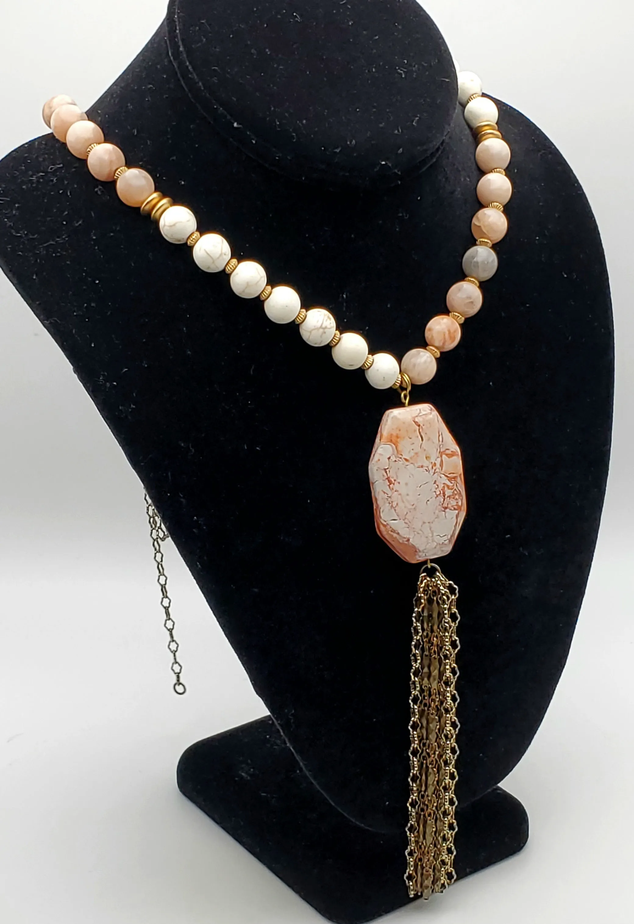 Lucky Star Jewels - Vintage Sunstone Moonstone Beaded Tassel Necklace