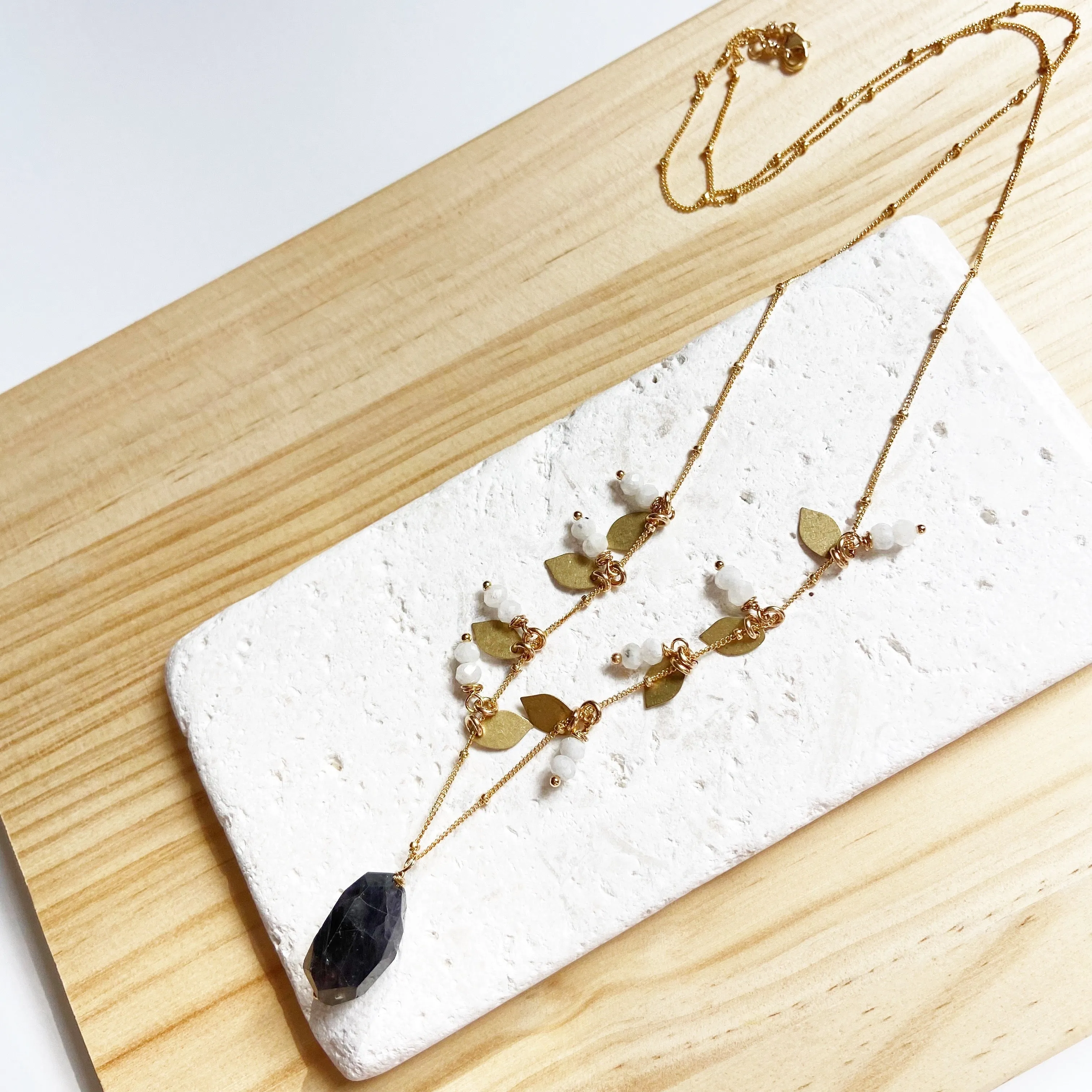 Luxe Moonstone and Kyanite Leaf Necklace (26 inches)