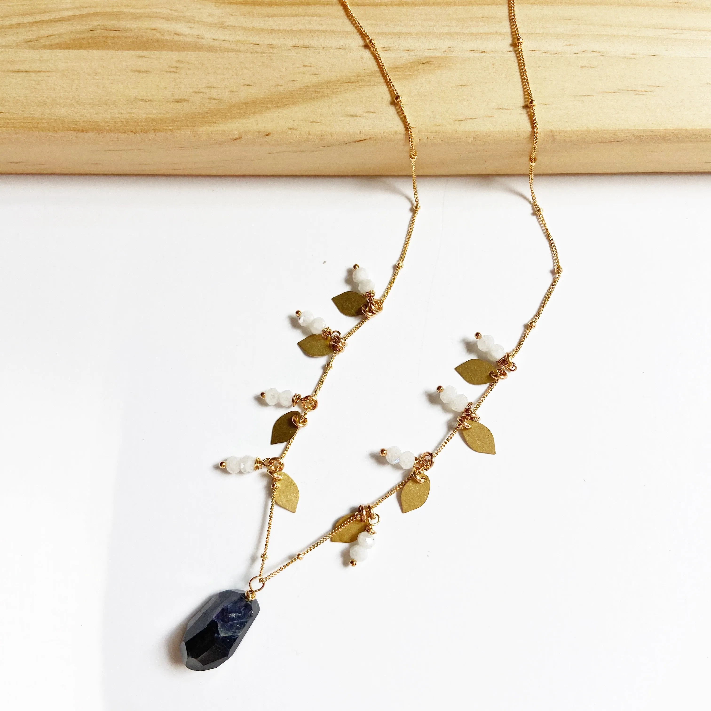 Luxe Moonstone and Kyanite Leaf Necklace (26 inches)