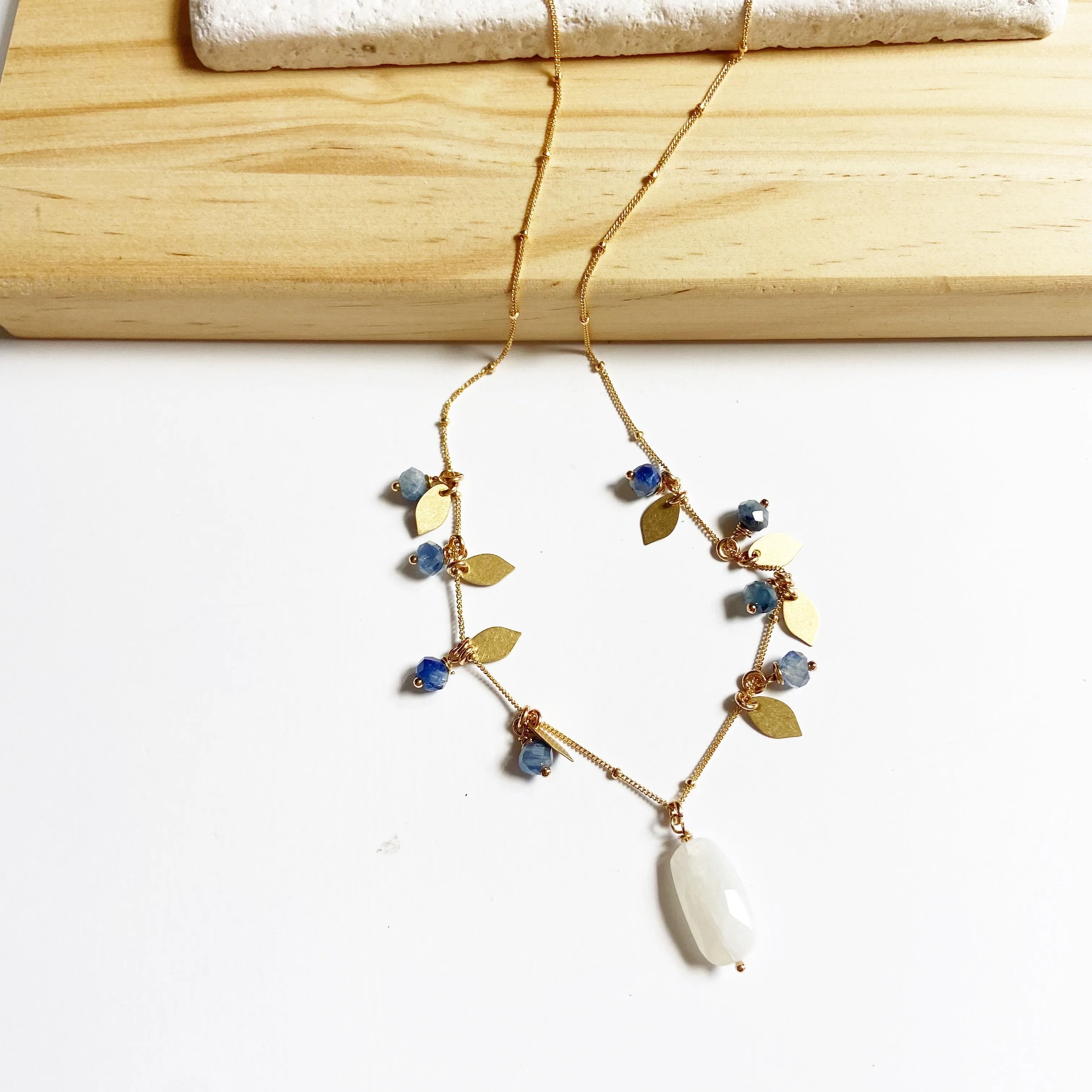 Luxe Moonstone and Kyanite Leaf Necklace (26 inches)